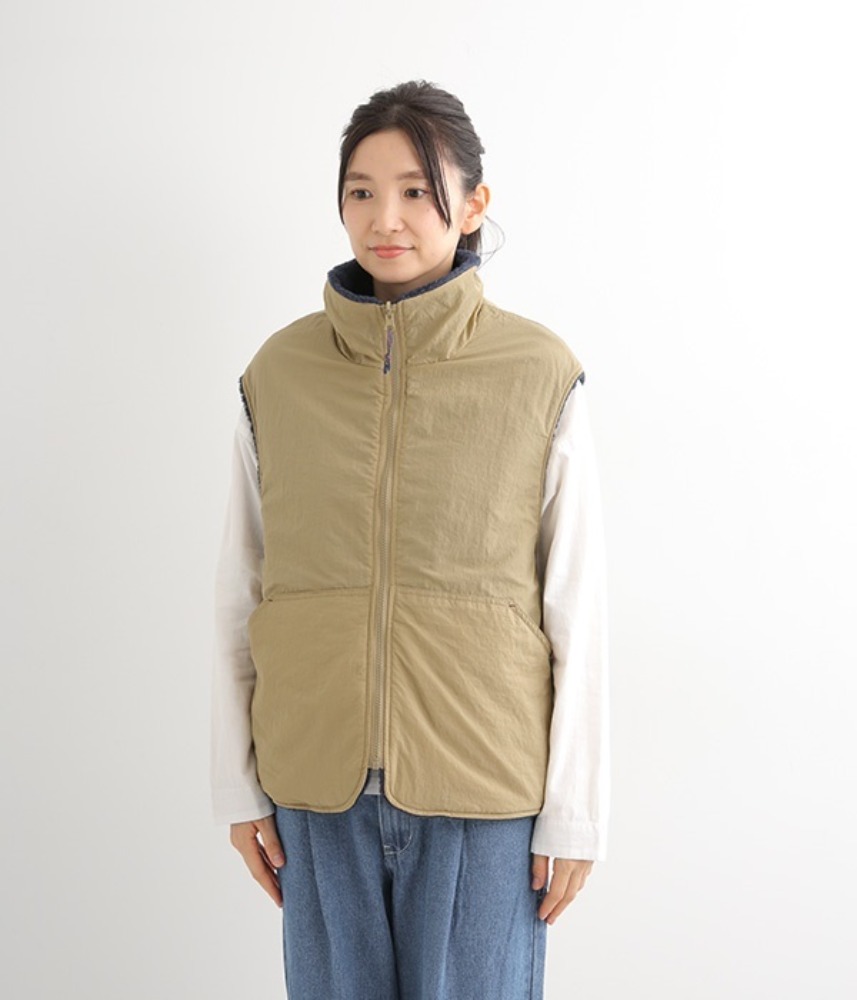 [NORTHERN TRUCK]  stand collar reversible vest / beige-navy